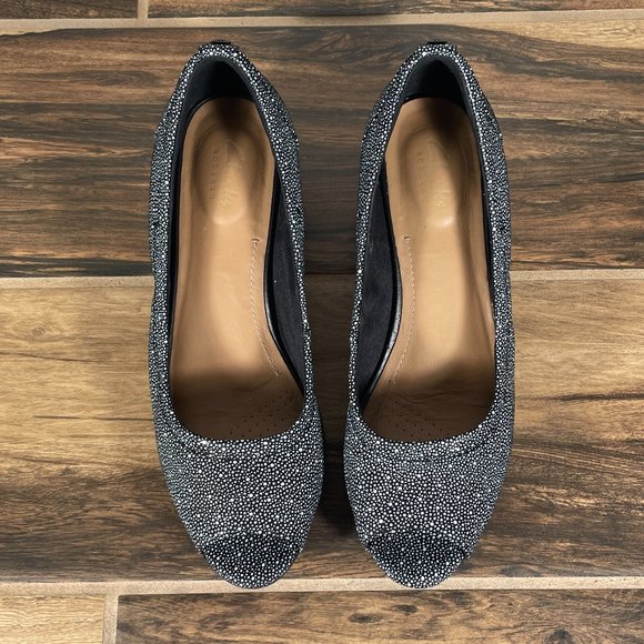 Clarks Vendra Daisy Womens Sz 7 Shoes Black Nubuck Peep Toe Wedge Pump Heels - Picture 11 of 12